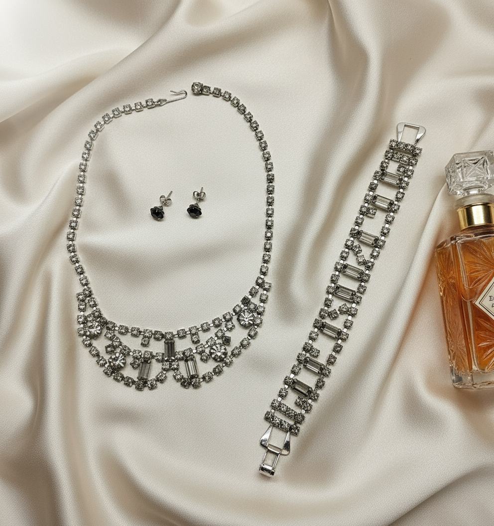 👑Parure vintage complète en strass gris NACRELUNE parure