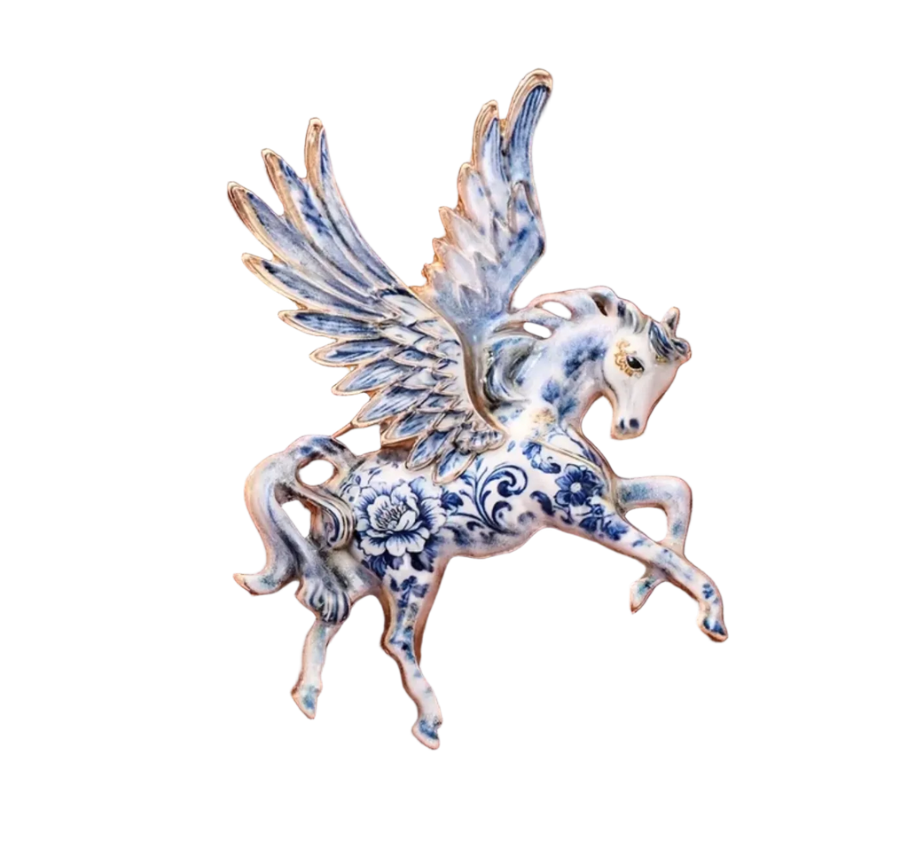 Broche cheval ailé en porcelaine Bleu nacrelune.com broche