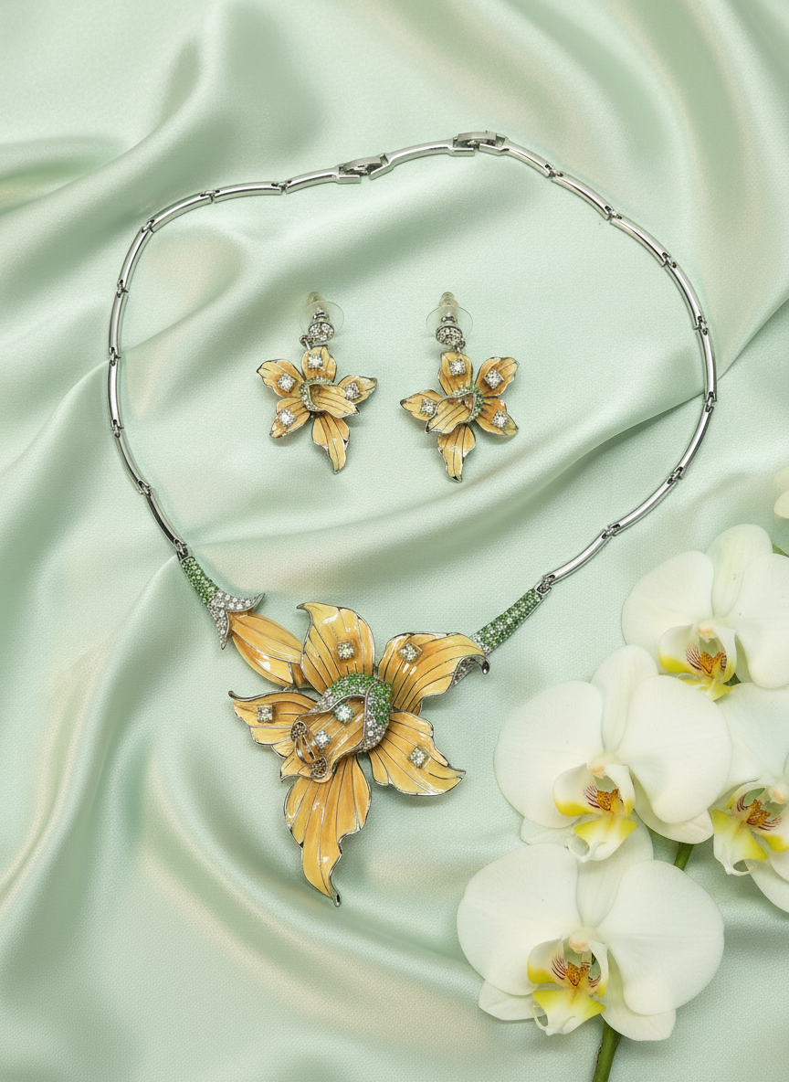 Parure en émail et strass en forme d’orchidée nacrelune.com parure