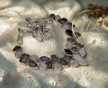 Collier en argent 925 avec pierres de lune, quartz rutiles et améthystes