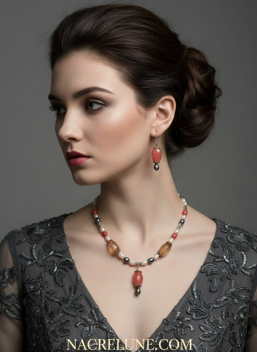 Parure en perles de quartz facettées rouges NACRELUNE parure