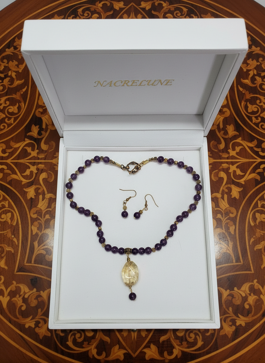 Parure en perles d'améthystes véritable et grande citrine facettée Violet NACRELUNE parure