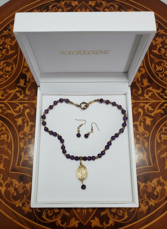 Parure en perles d'améthystes véritable et grande citrine facettée Violet NACRELUNE parure