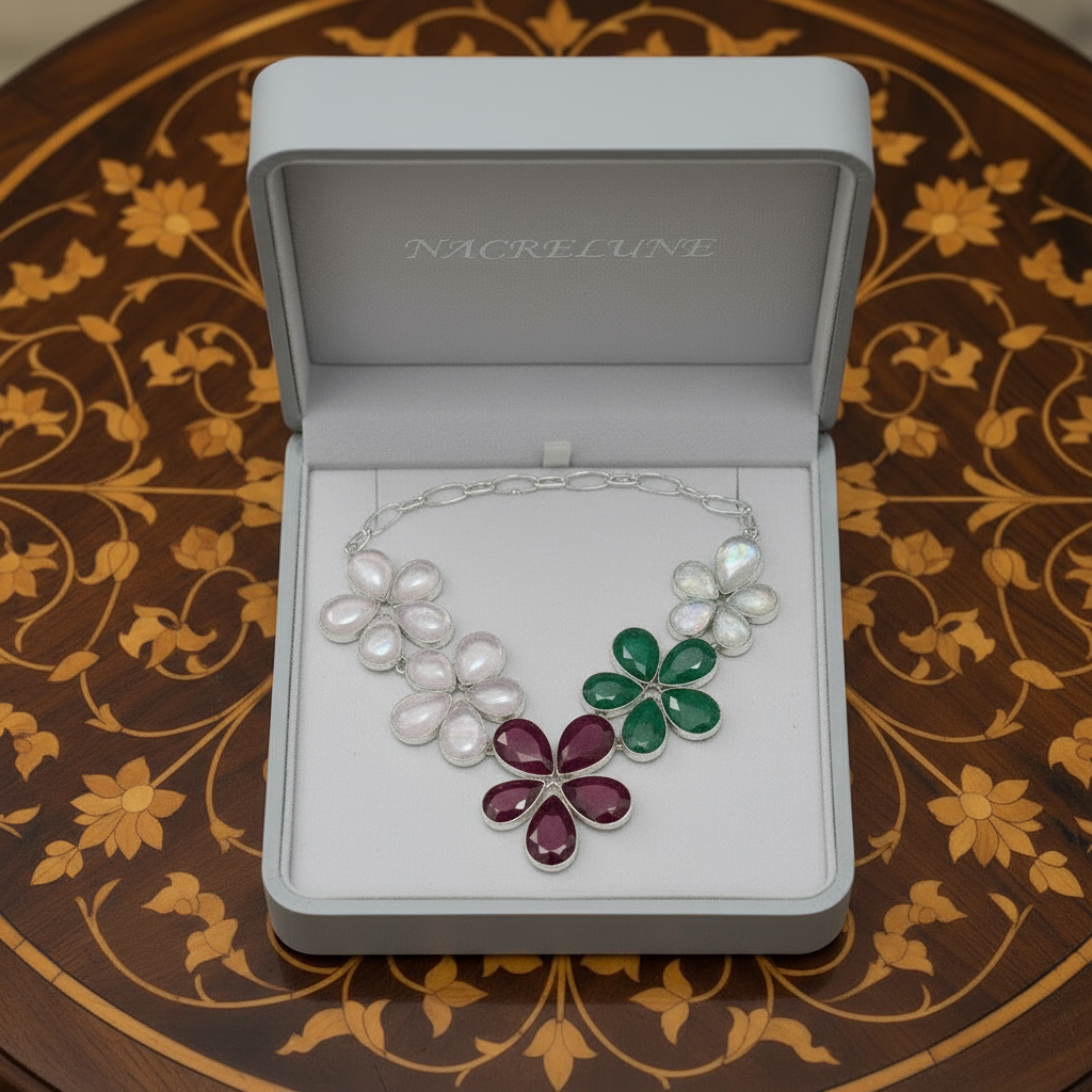 Collier en argent avec rubis émeraudes quartz roses et pierres de lune taillées en forme de fleurs nacrelune.com collier