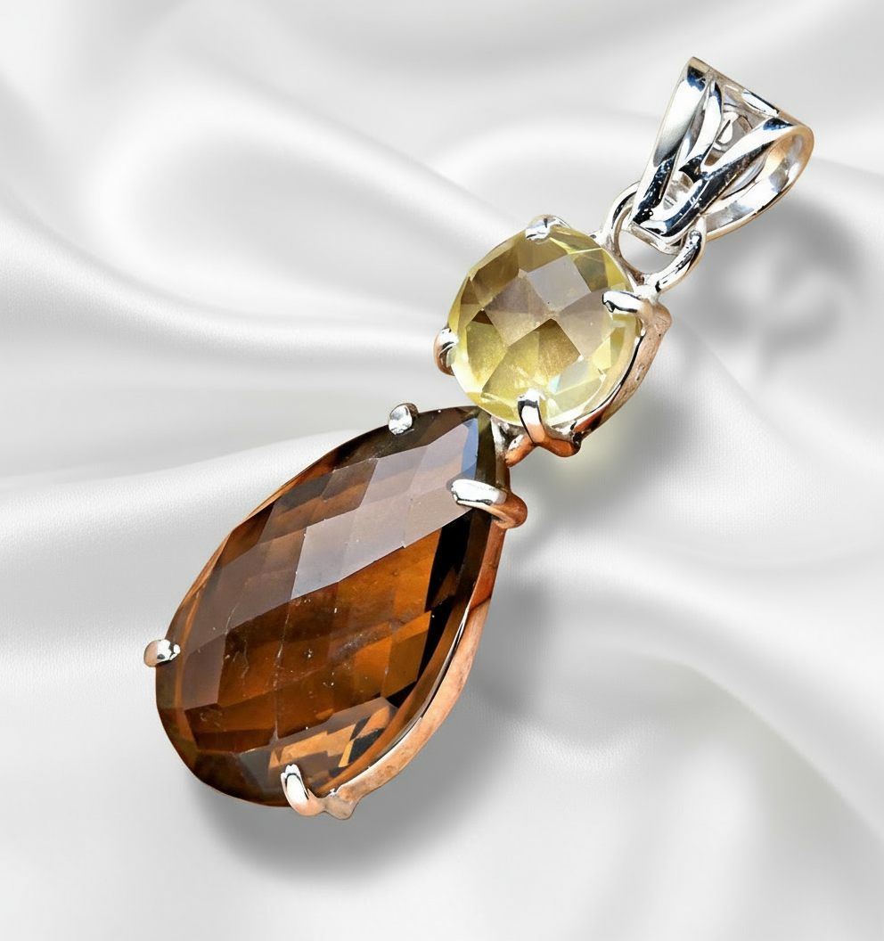 Pendentif en argent 925 avec citrine et quartz fumé taillés nacrelune.com collier