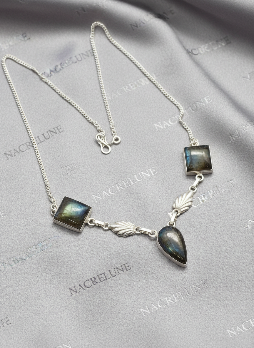 Collier argent 925 et labradorites polies nacrelune.com collier