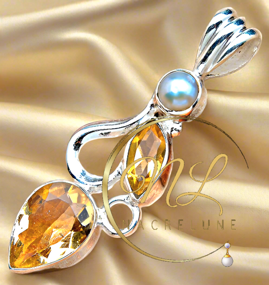 Pendentif en argent 925 avec perle et citrine taillée