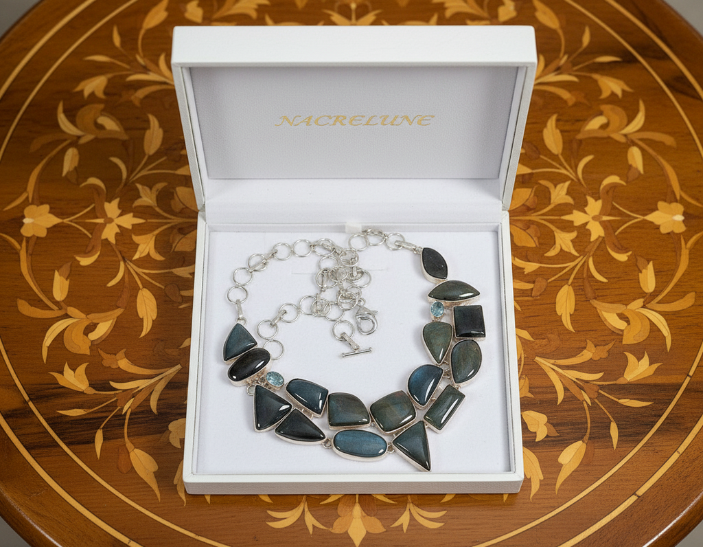 Collier en argent 925 et agates vertes indiennes nacrelune.com collier