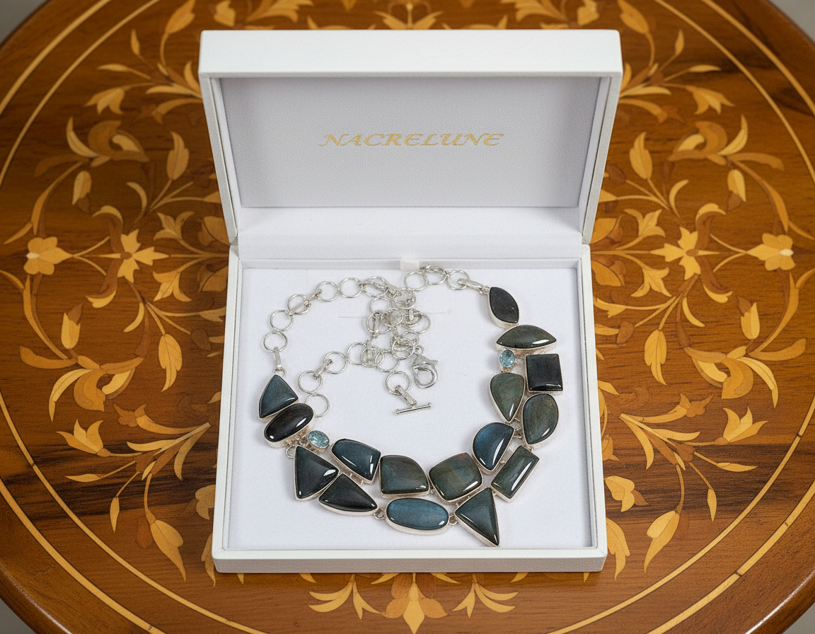 Collier en argent 925 et agates vertes indiennes NACRELUNE collier