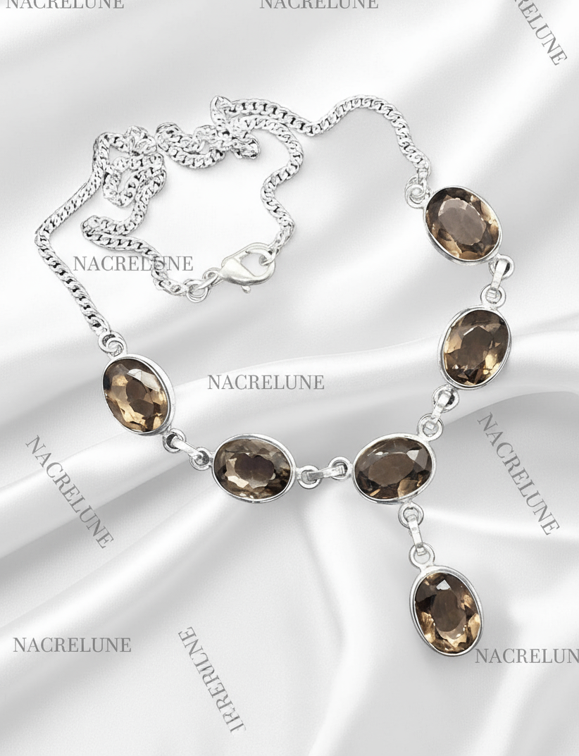 Collier en argent avec des quartz fumés taillés nacrelune.com collier