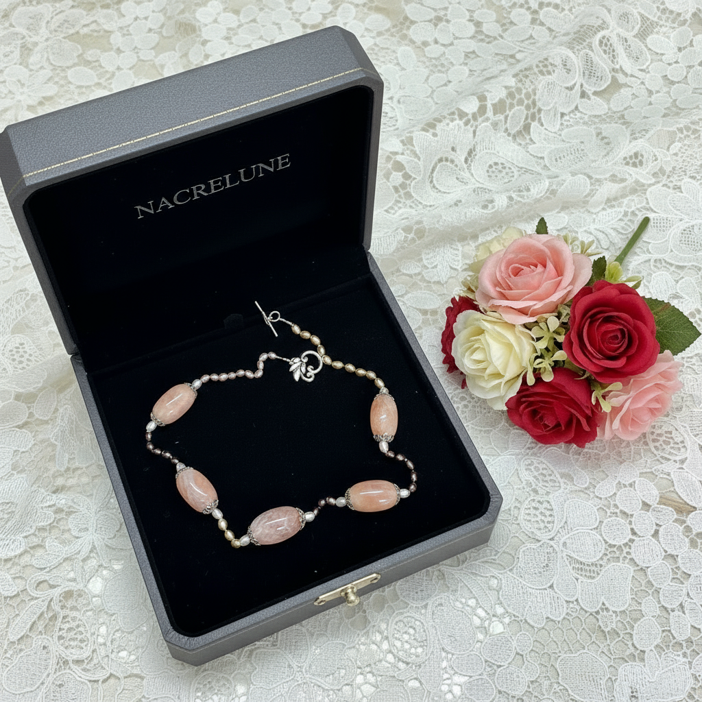 Collier en perles de culture avec grandes agates roses nacrelune.com collier