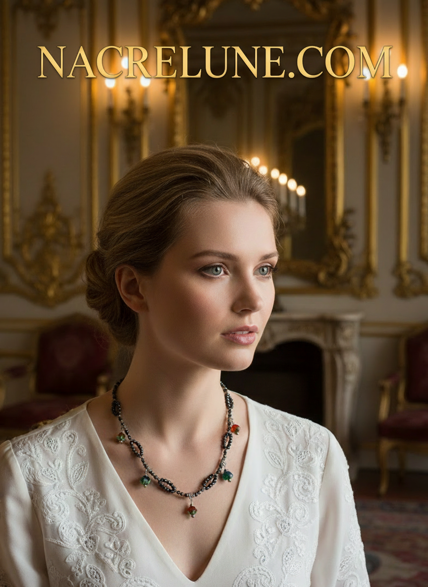 Collier en petites perles de culture noire avec des fleurs en verre multicolores nacrelune.com collier