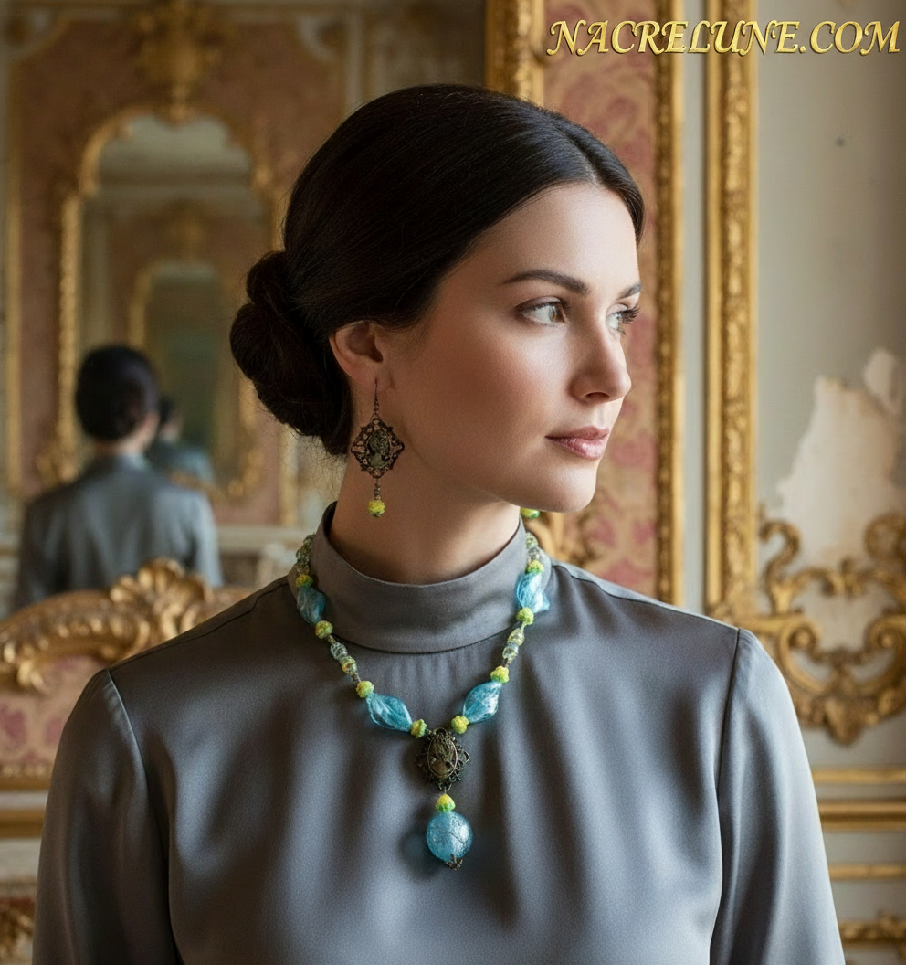 Parure en perles de verre bleue et jaune avec camée en métal nacrelune.com parure