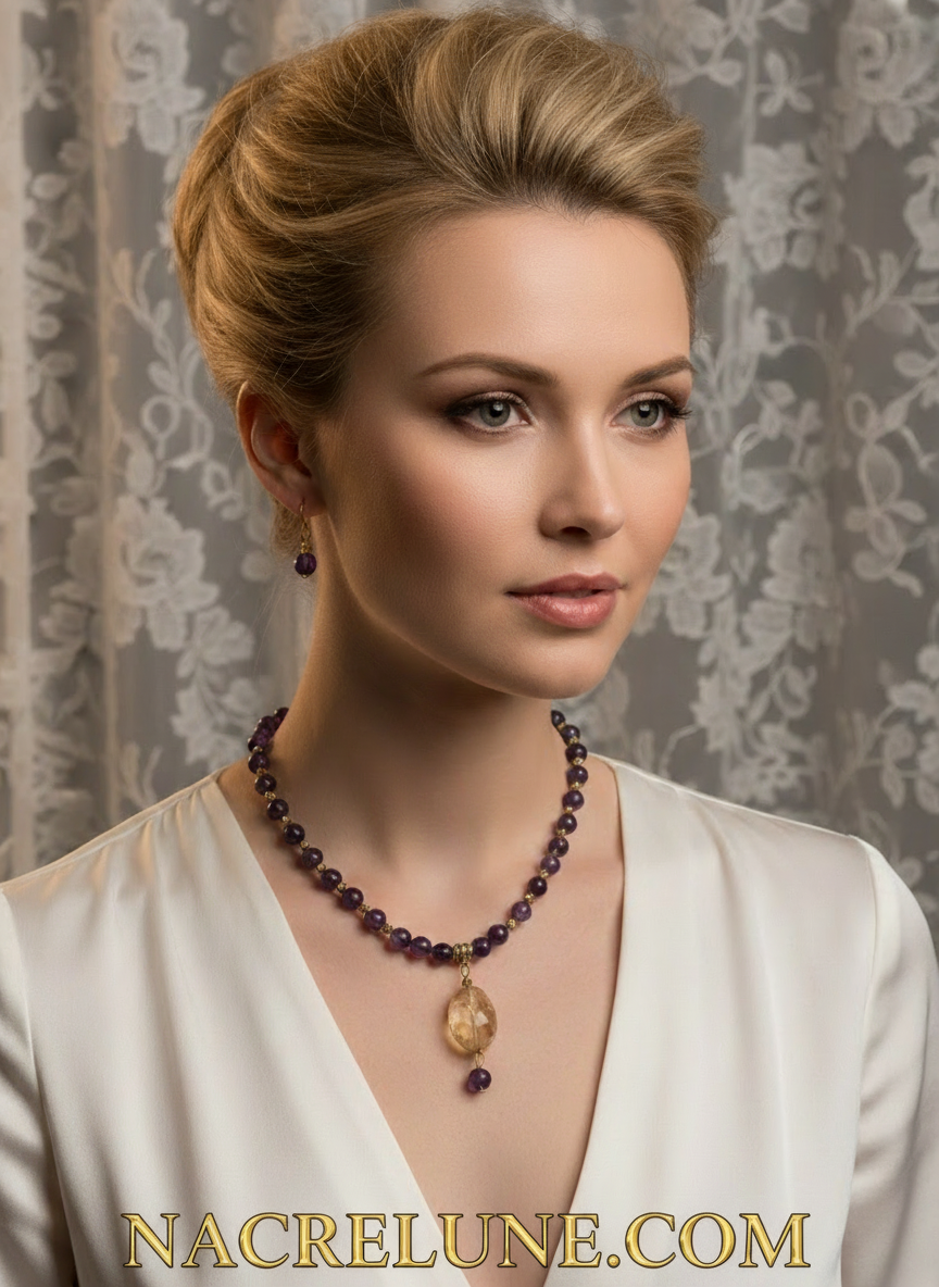 Parure en perles d'améthystes véritable et grande citrine facettée NACRELUNE parure