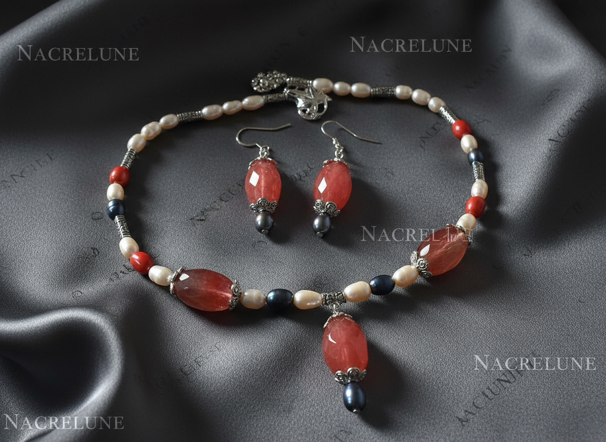 Parure en perles de quartz facettées rouges Rouge nacrelune.com parure