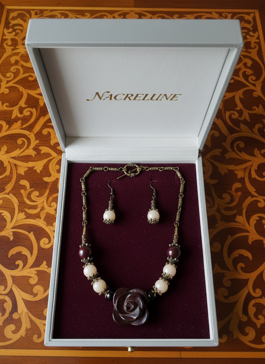 Parure en perles d'agates avec fleur en agate sculptée nacrelune.com parure