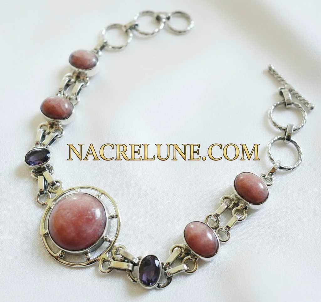 Bracelet en argent avec rhodocrosites et améthystes nacrelune.com bracelet