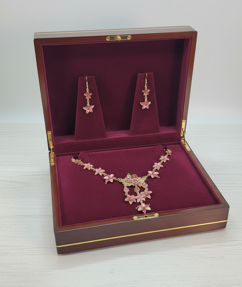 Parure fleurs en émail rose nacrelune.com parure