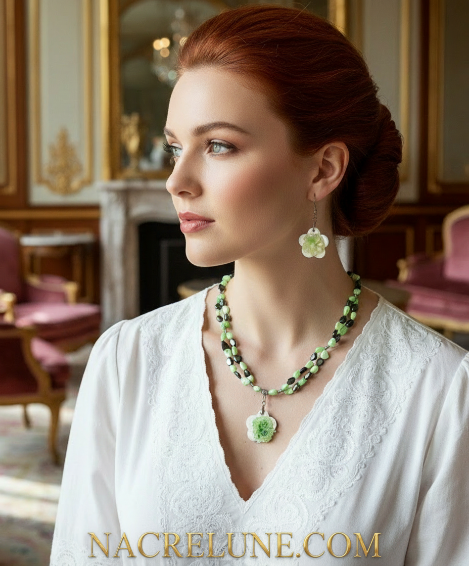 Parure perles de nacre colorées avec fleur en nacre nacrelune.com parure