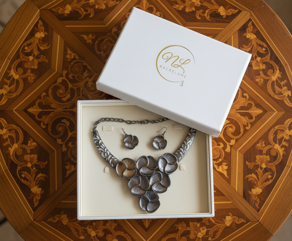 Parure fantaisie en métal en forme de fleurs nacrelune.com parure