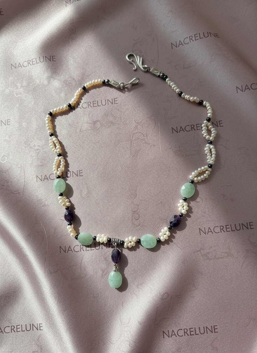 Collier en aigue marine, améthyste et perles de culture nacrelune.com collier