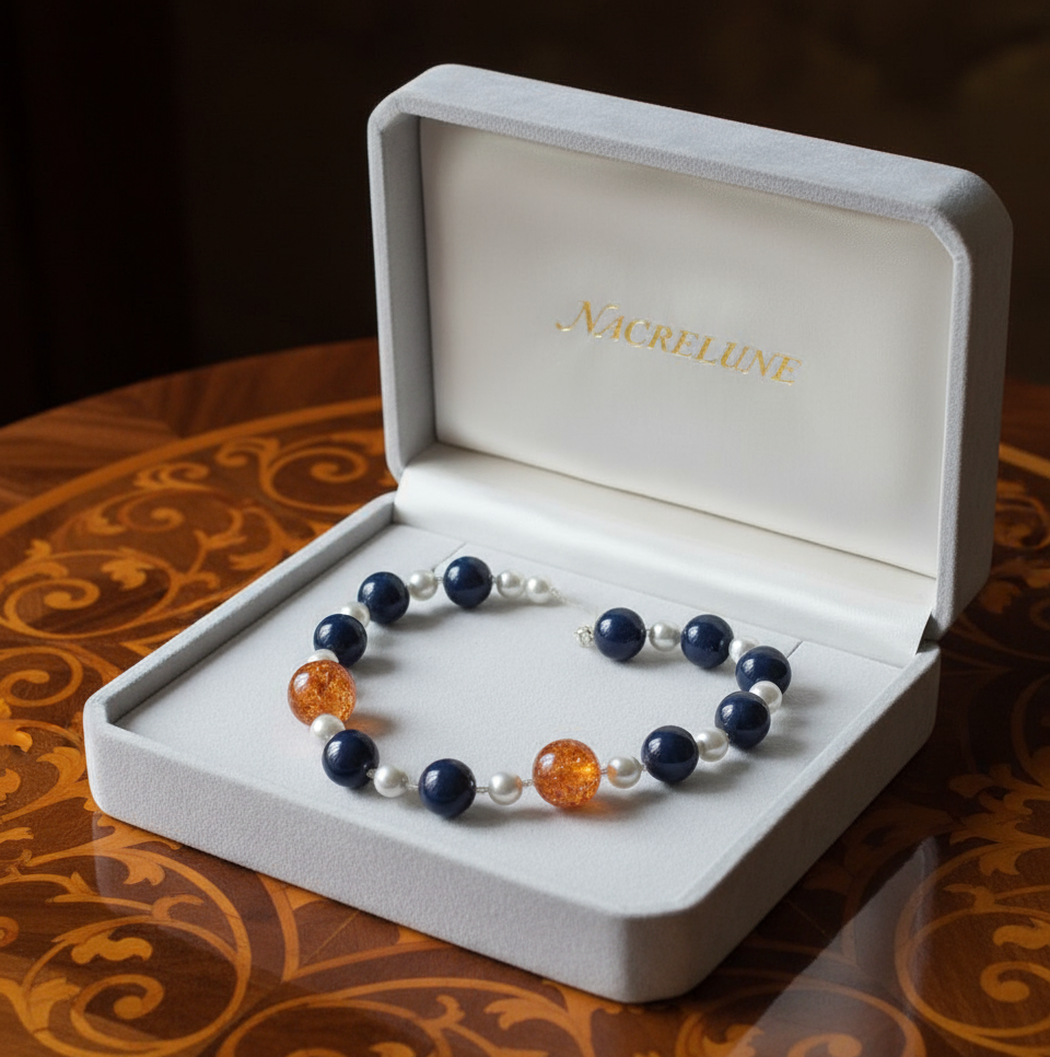 Parure en perles d'améthyste véritable , perles de nacre et ambre pressé NACRELUNE parure