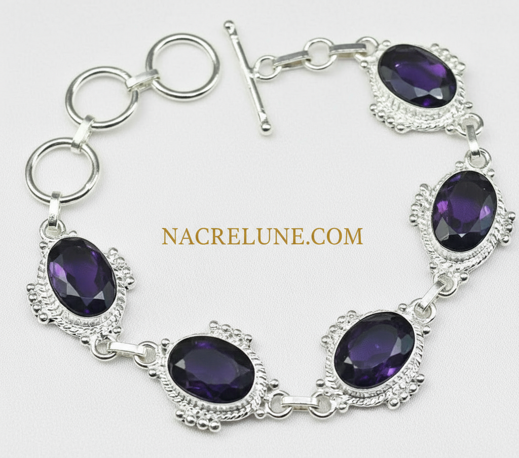 Bracelet en argent avec améthystes taillées (ch pierre 14X10mm) nacrelune.com bracelet