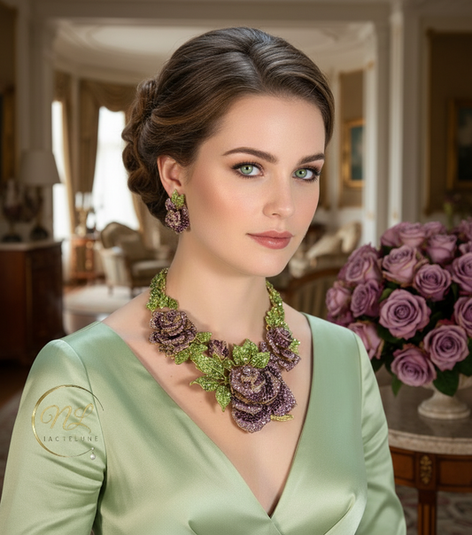 Grande parure en strass représentant des roses mauves NACRELUNE parure