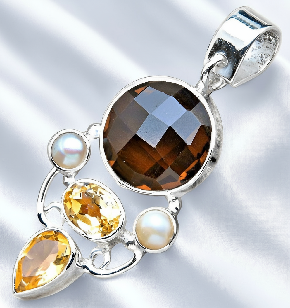 Pendentif en argent 925 avec perles, citrines et quartz fumé nacrelune.com collier