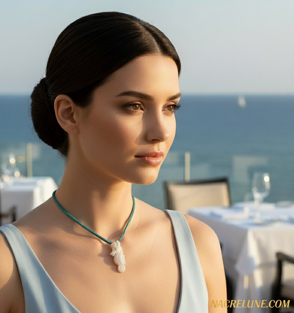 Pendentif hyppocampe en nacre avec son lien cuir NACRELUNE pendentif