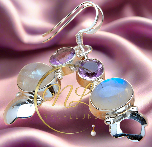 boucles en argent et pierres de lune avec améthystes