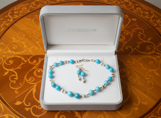 Parure en perles de quartz bleus polis avec perles de culture turquoise NACRELUNE parure