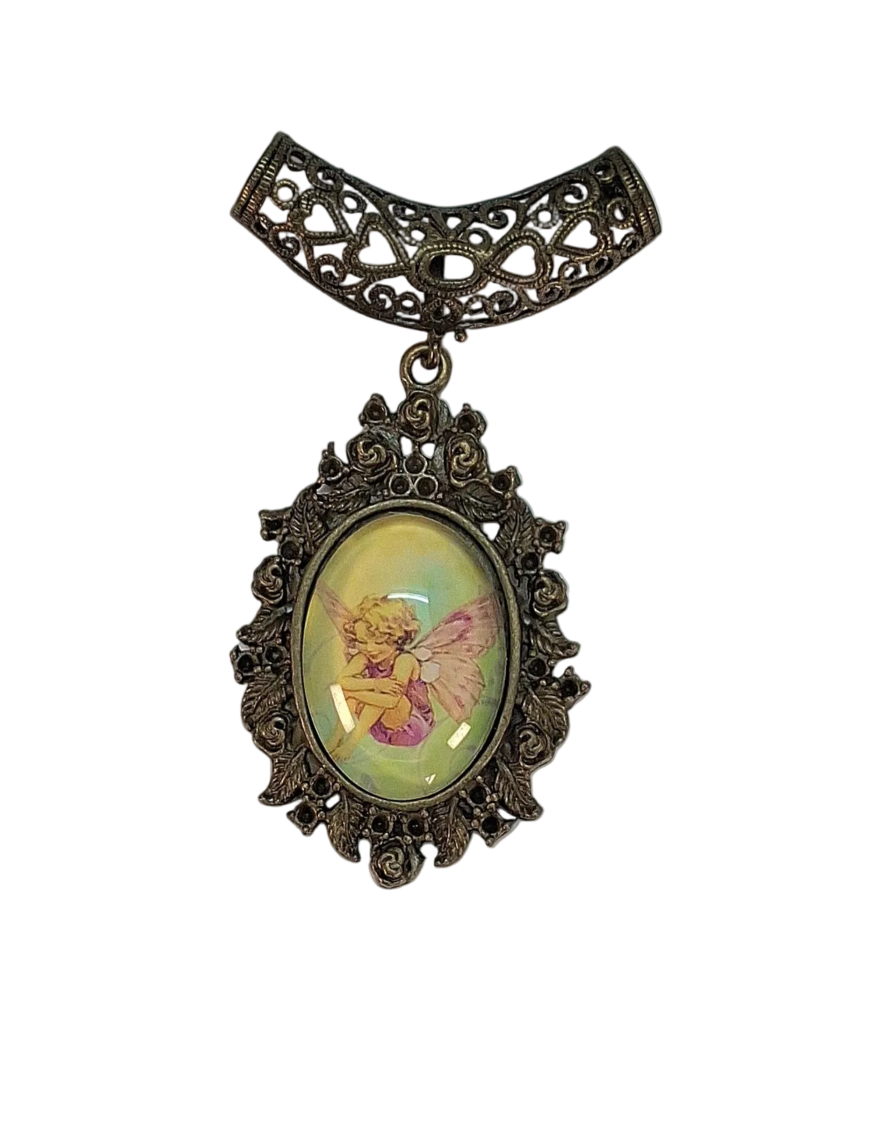 Pendentif camée artisanal avec une fée des fleurs nacrelune.com collier