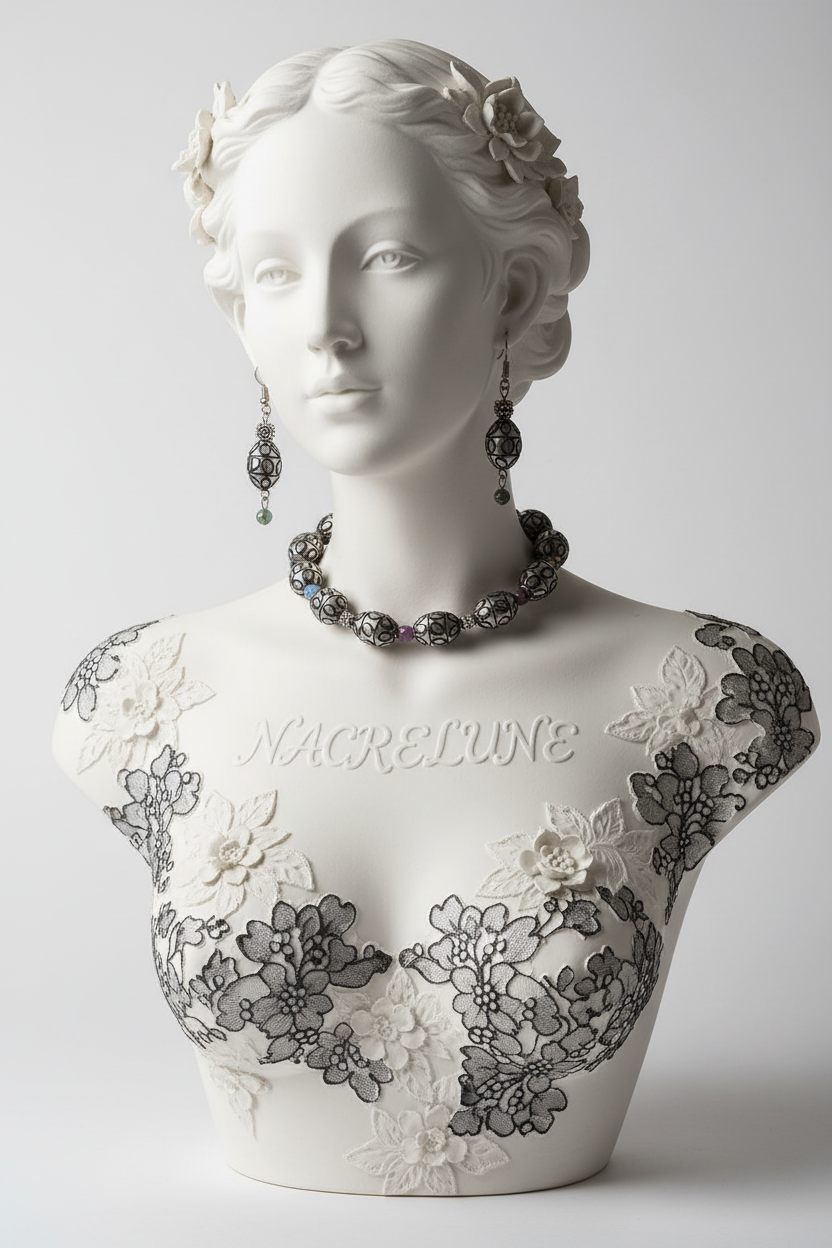 Parure Verre Venitien Dentelle Noire & Millefleurs - Mystere & Elegance Florale | NACRELUNE NACRELUNE parure