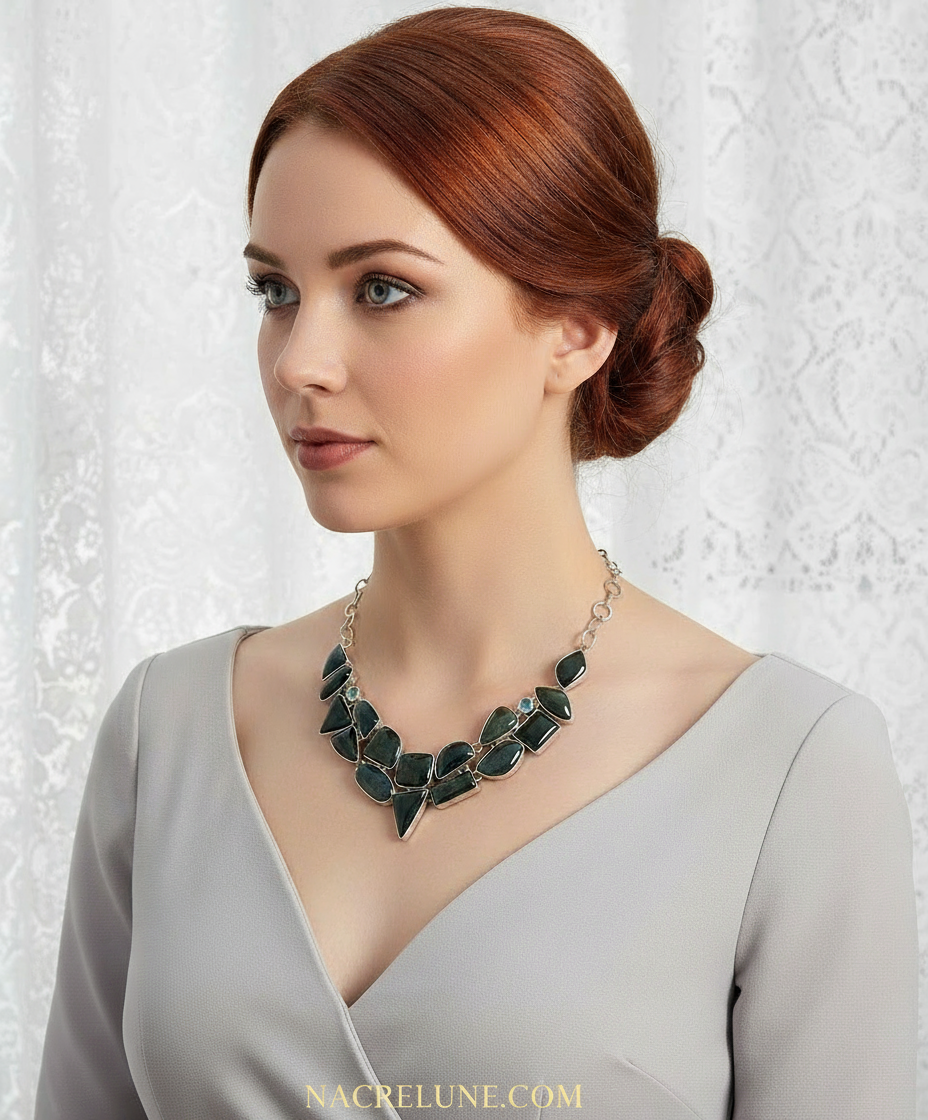 Collier en argent 925 et agates vertes indiennes nacrelune.com collier