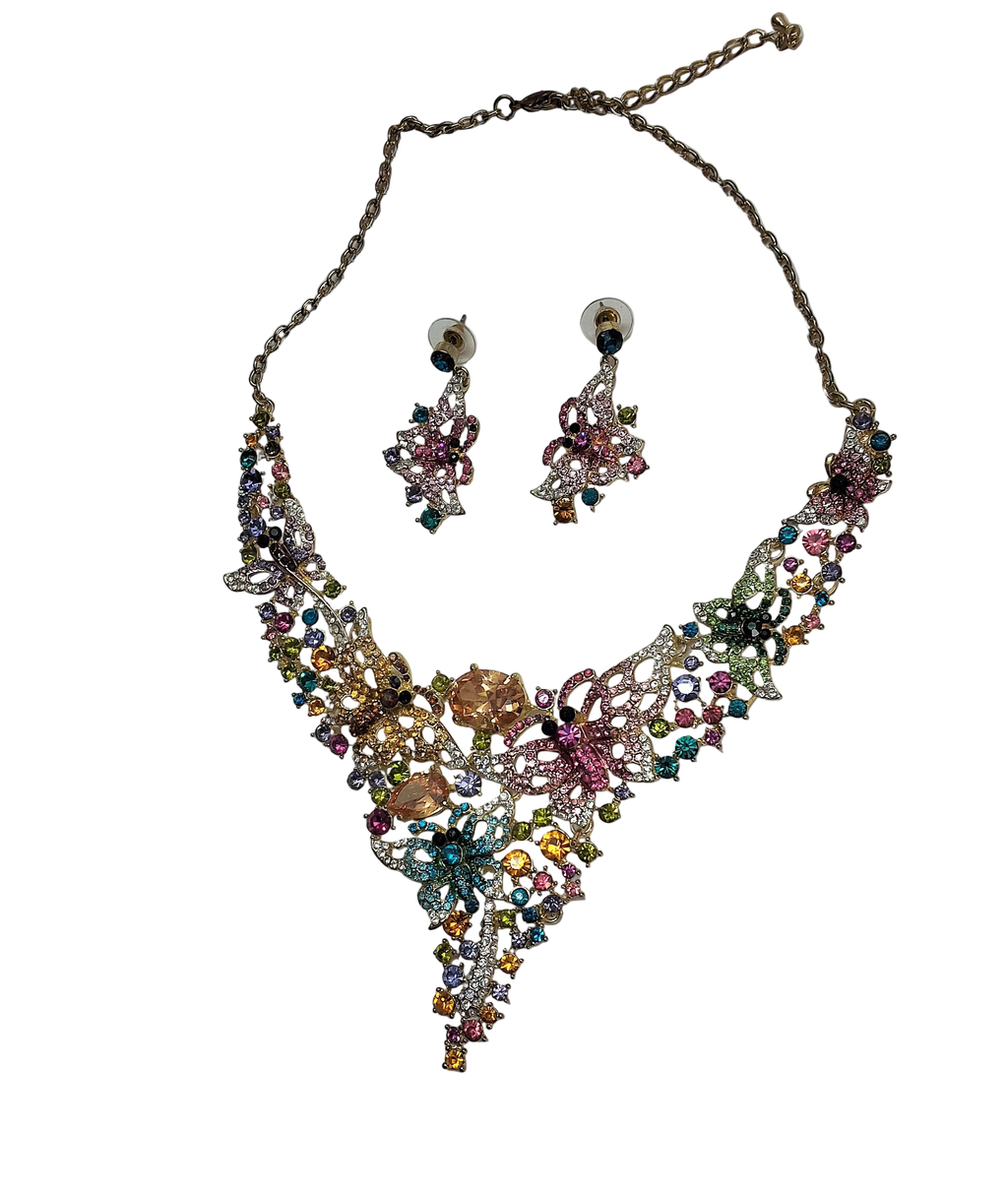 Parure en strass multicolores, fleurs et papillons nacrelune.com parure
