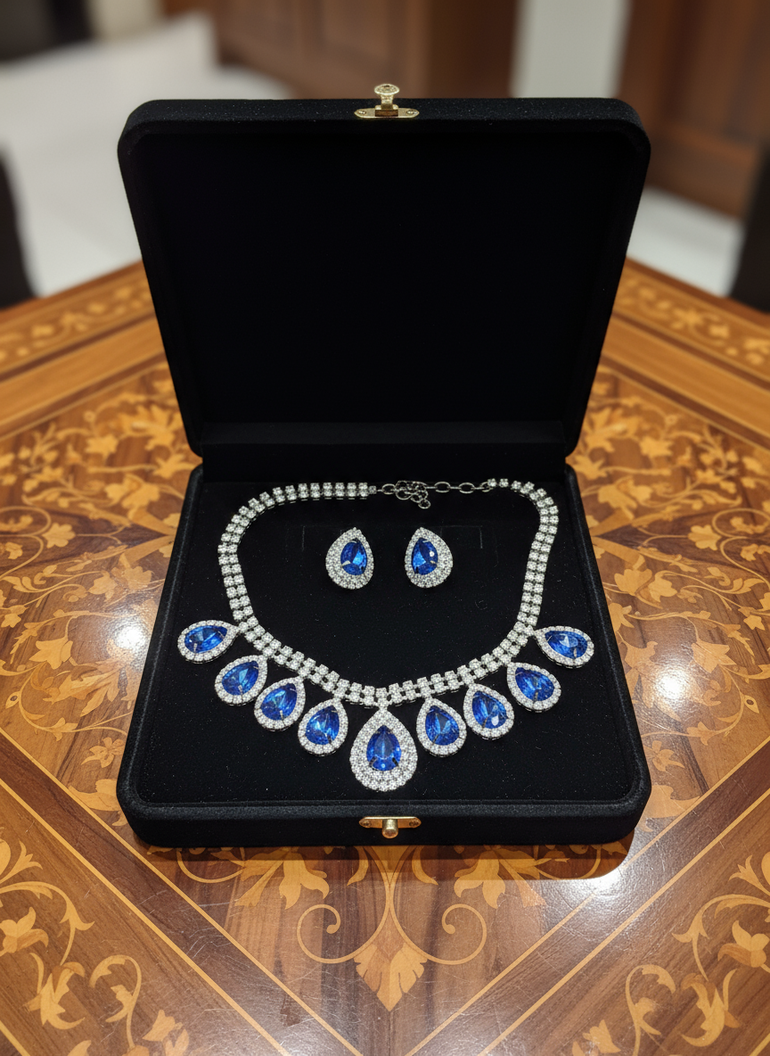 👑Parure vintage en strass bleu roi nacrelune.com parure