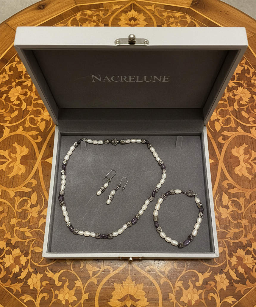 Parure en perles de culture avec améthystes véritables polies nacrelune.com parure