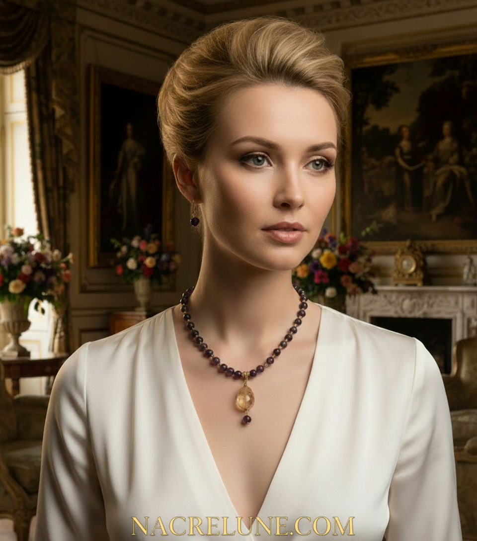 Parure en perles d'améthystes véritable et grande citrine facettée nacrelune.com parure