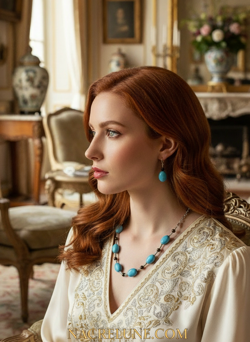 Parure en perles de turquoise et d'oeil du tigre nacrelune.com parure