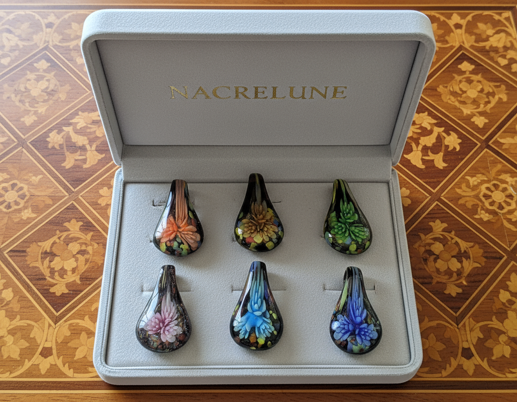 Pendentif en verre représentant une fleur colorée nacrelune.com pendentif