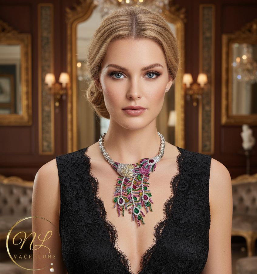 Collier en strass multicolores représentant un paon monté sur métal argenté NACRELUNE collier