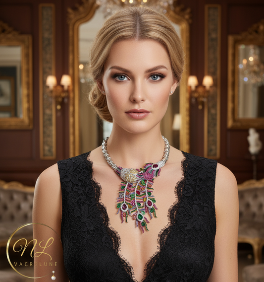 🎃Collier en strass multicolores représentant un paon monté sur métal argenté NACRELUNE collier