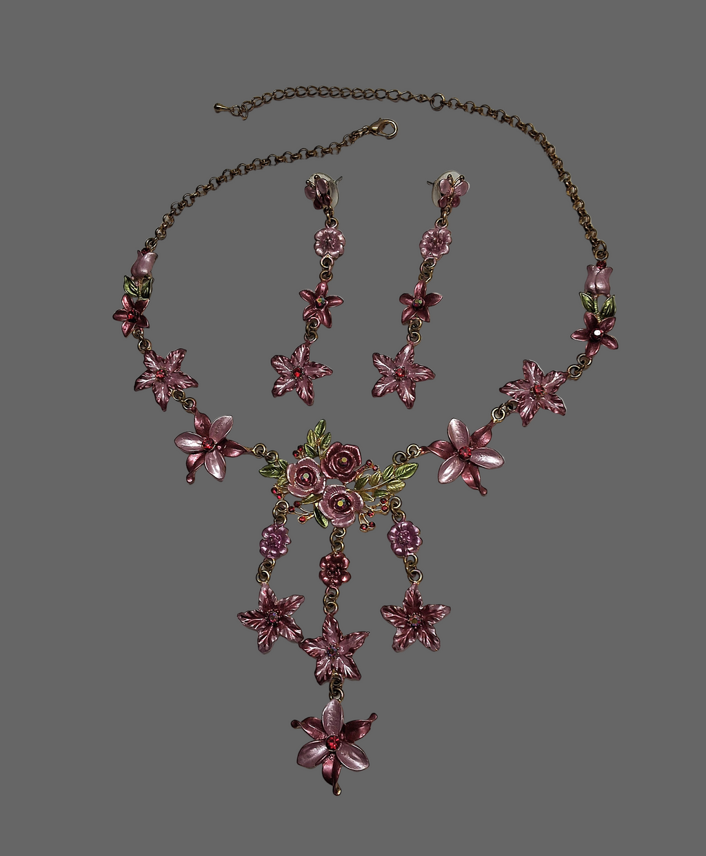Parure fleurs en émail rose nacrelune.com parure