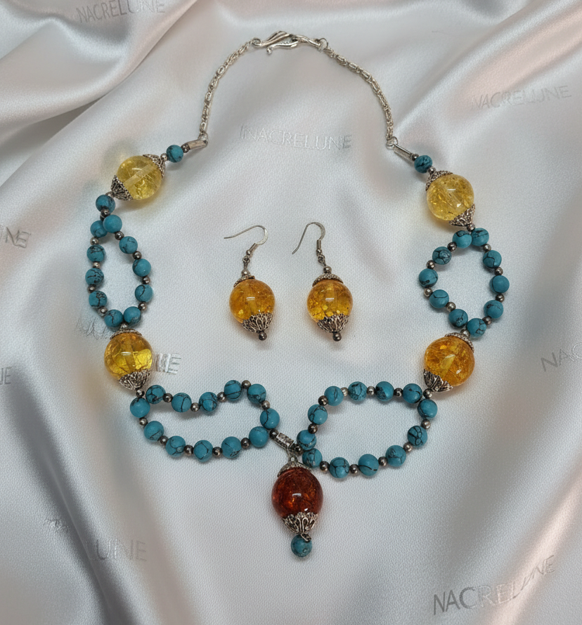 Parure en perles turquoise et d'ambre recontituées NACRELUNE parure