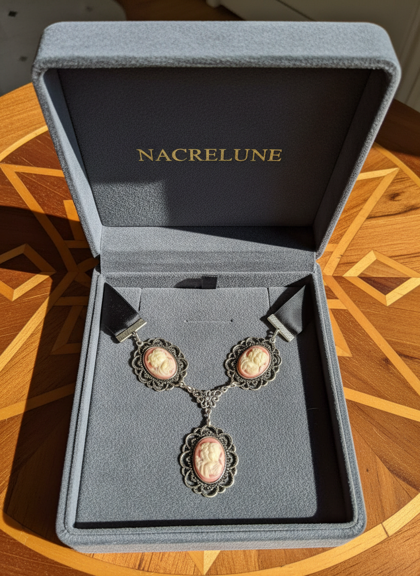 Collier avec ruban de satin et 3 camées représentant des jeunes filles, choisissez  votre couleur