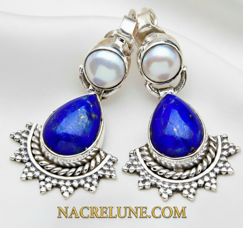 Boucles d'oreille en argent véritable avec lapis lazuli et perles nacrelune.com boucles d'oreille