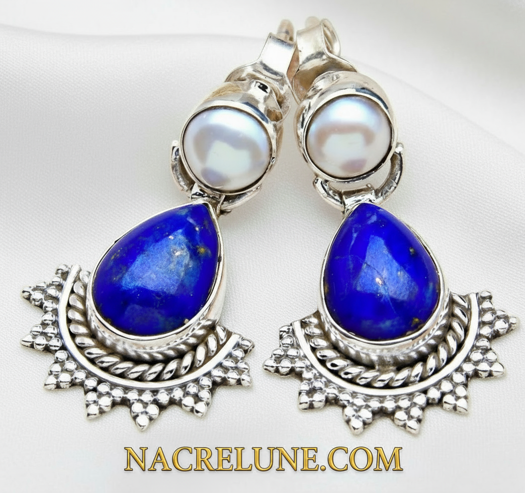 Boucles d'oreille en argent véritable avec lapis lazuli et perles nacrelune.com boucles d'oreille