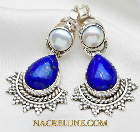 Boucles d'oreille en argent véritable avec lapis lazuli et perles NACRELUNE boucles d'oreille