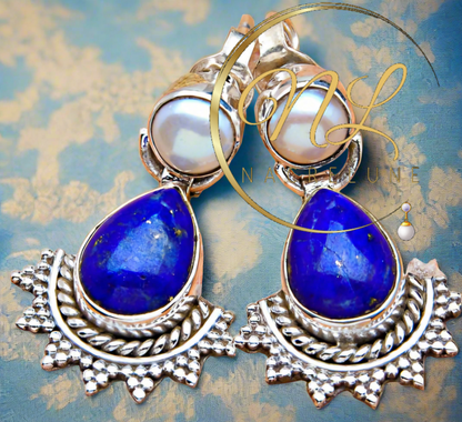 Boucles d'oreille en argent véritable avec lapis lazuli et perles